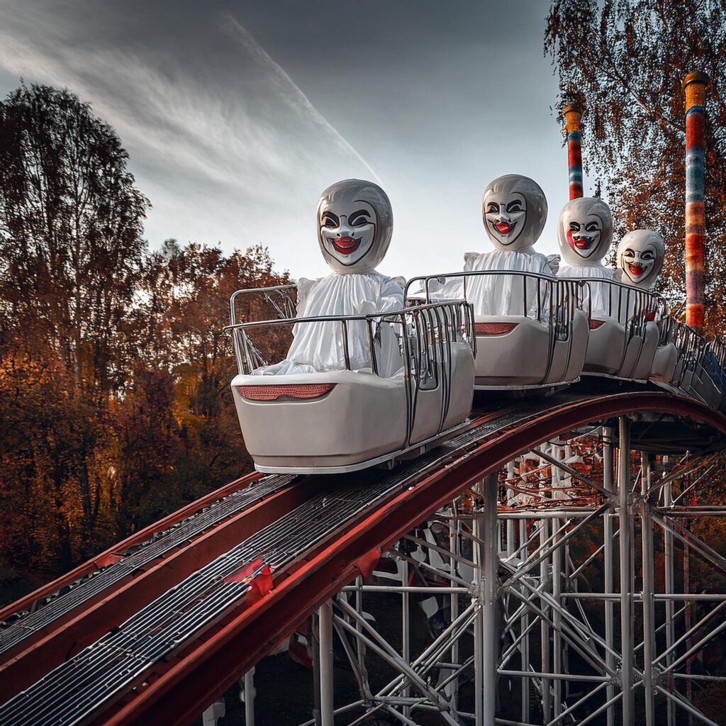 Attraction "montagne masquées". Plan sur un wagon de l'attraction.