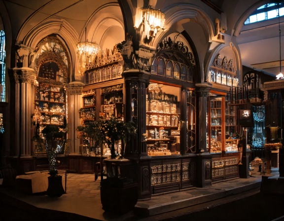 Intérieur de la boutique souvenir avec un décor baroque et ancien.