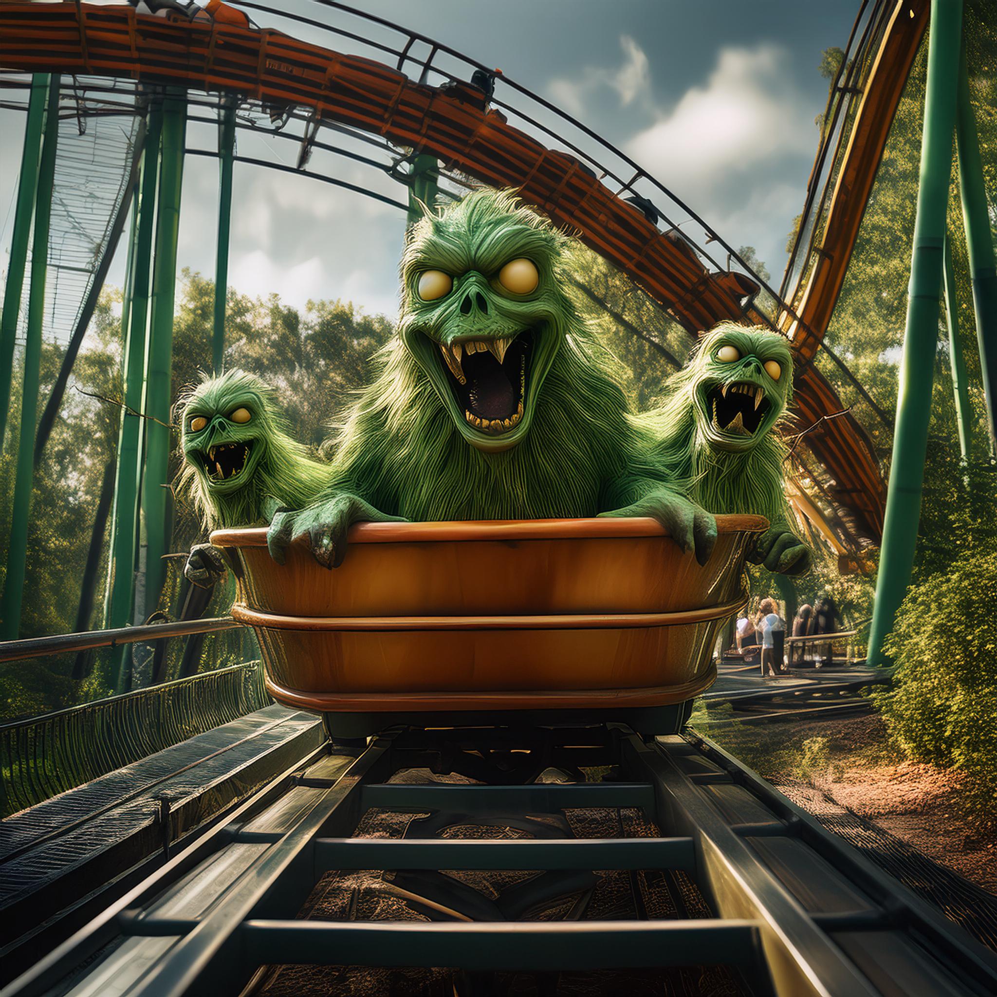 Monstres vert dans un wagon d'une montagne russe