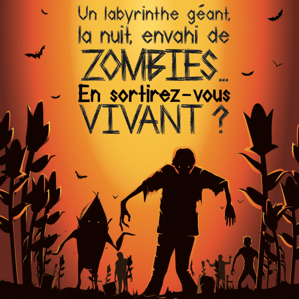 Affiche sur fond orangé avec des zombies dans un champ de maïs. Texte: " Un labyrinthe géant, la nuit, envahi de zombies... En sortirez-vous vivant ?"