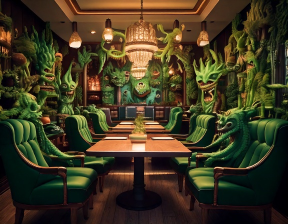 Intérieur du restaurant Vert de Peur avec un décor de monstres vert.