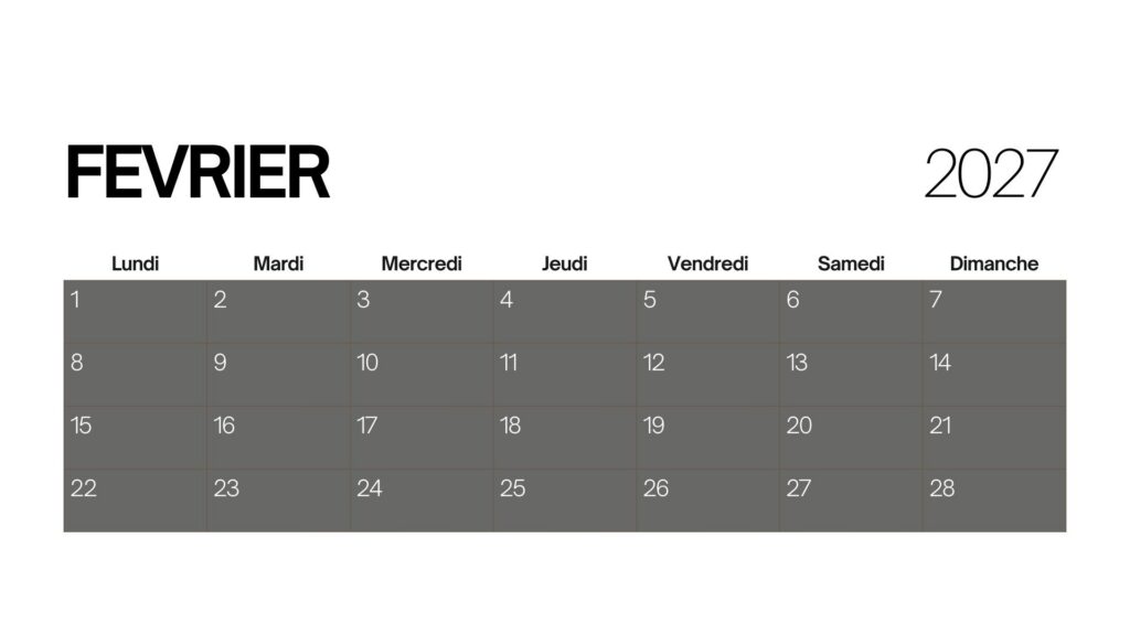 Calendrier Février 2027