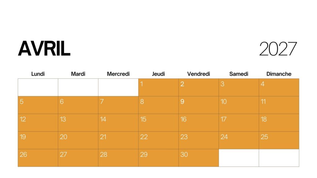 Calendrier Avril 2027
