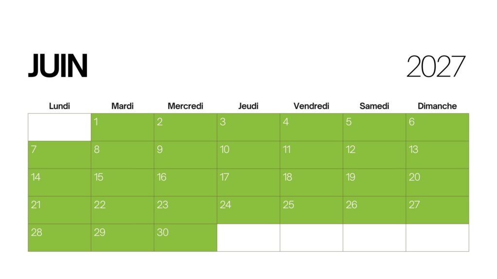 Calendrier Juin 2027