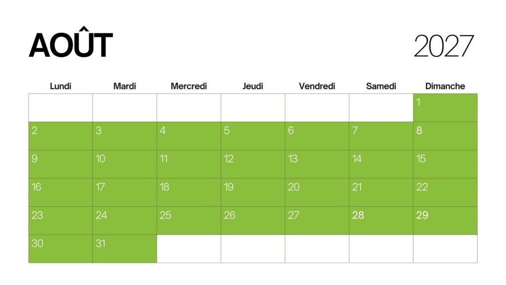 Calendrier Août 2027