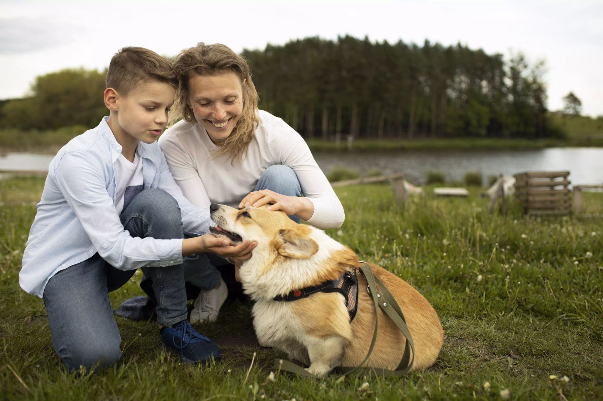 full-shot-family-with-cute-dog-nature