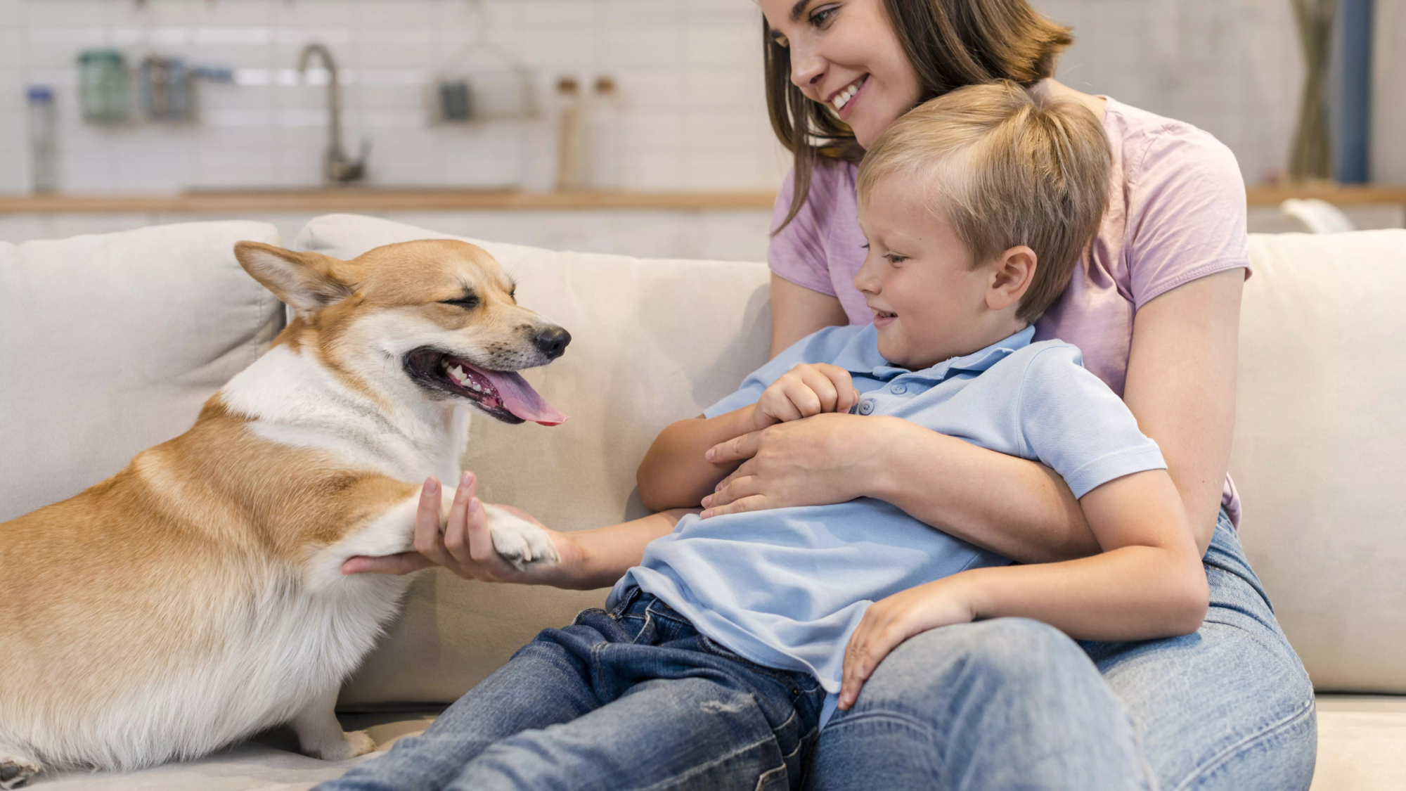 Une femme et son enfant jouant avec un corgi, l'enfant rigole