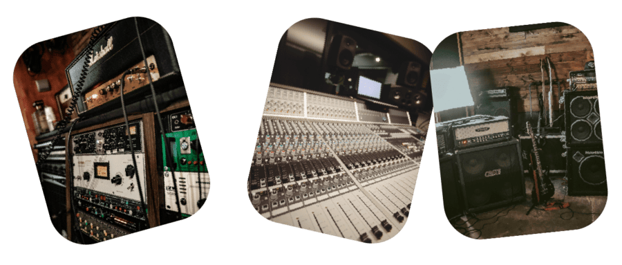 trois images dans un cadre avec des éléments de studio d'enregistrement à l'intérieur