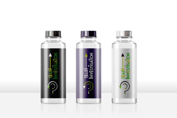 Trois gourdes Trash Investigation en noir, violet et blanc sur fond neutre