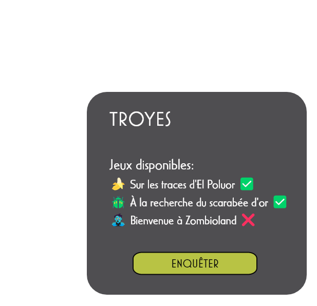 Fiche info de la carte de Troyes avec les escape games Trash Investigation disponibles