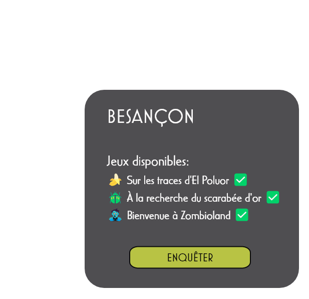 Fiche info de la carte de Besançon avec les escape games Trash Investigation disponibles