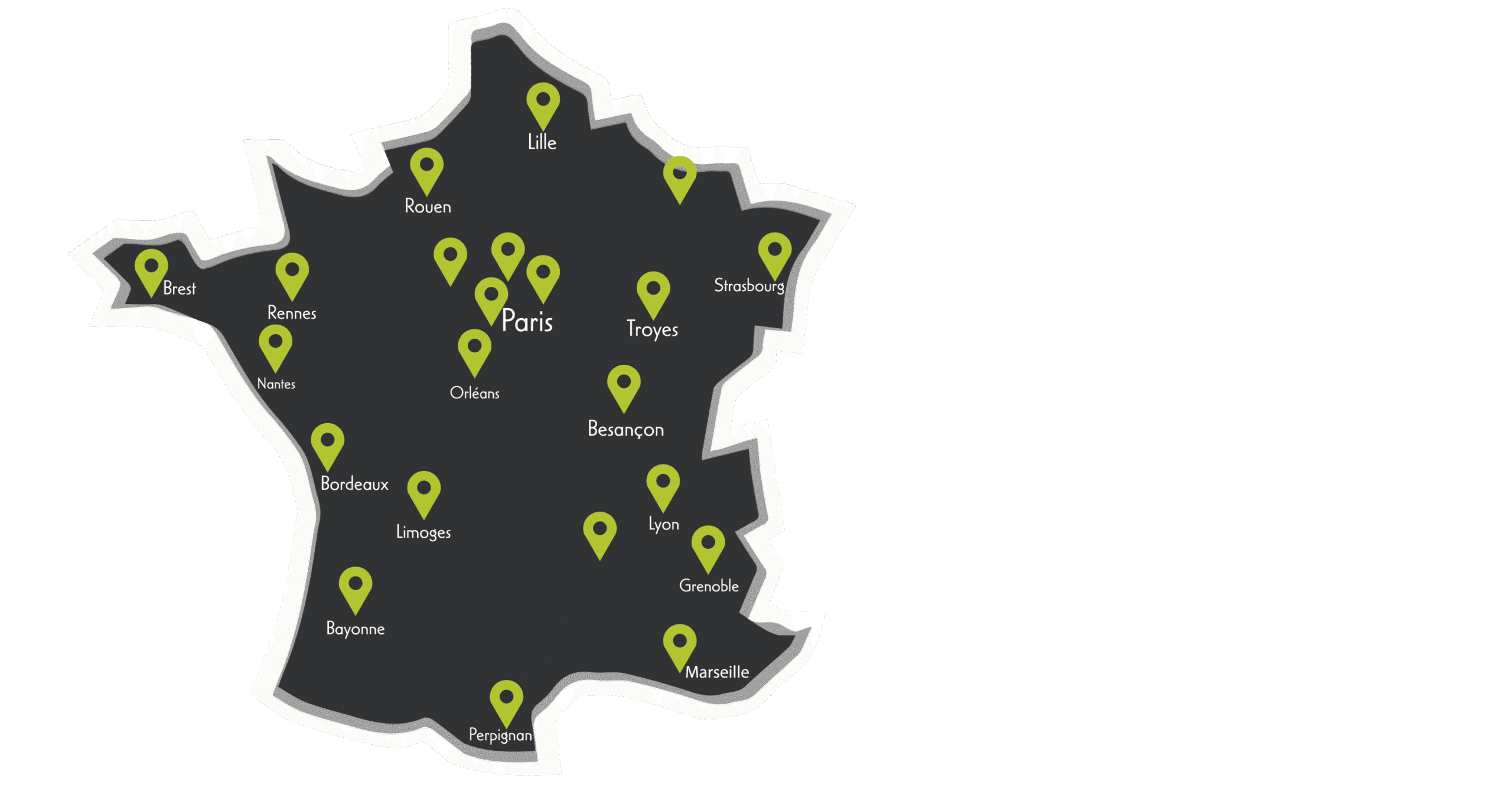 Carte de France noire avec emplacements d’événements Trash Investigation en vert